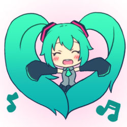 Rule 34 | 1girl, aqua hair, blush, chibi, detached sleeves, closed eyes, hatsune miku, heart, heart hair, ichiran, long hair, lowres, musical note, necktie, open mouth, outstretched arms, solo, twintails, very long hair, vocaloid