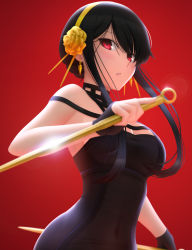 Rule 34 | 1girl, bare shoulders, black dress, black gloves, black hair, breasts, cleavage, covered navel, dress, dual wielding, earrings, female focus, fingerless gloves, flower, gloves, hair flower, hair ornament, hairband, highres, holding, holding sword, holding weapon, jewelry, large breasts, looking at viewer, parted lips, red background, red eyes, rose, short hair, short hair with long locks, sidelocks, simple background, siraha, sleeveless, sleeveless dress, solo, spy x family, sword, upper body, weapon, yellow flower, yellow hairband, yellow rose, yor briar