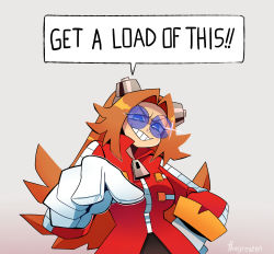 Rule 34 | 1girl, absurdres, blonde hair, blue eyes, breasts, brown hair, dr. eggman, eggma&#039;am, english text, genderswap, genderswap (mtf), glasses, gloves, goggles, goggles on head, grin, highres, long hair, long sleeves, pointing, pointing at viewer, signature, smile, solo, sonic (series), sparkle, tagme, teeth, thegreyzen, wide hips, zipper