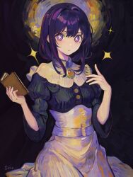 Rule 34 | 1girl, absurdres, book, commentary, commentary request, dark background, dress, english commentary, highres, holding, hoshino ai (oshi no ko), impasto, impressionism, index finger raised, jewelry, long hair, mixed-language commentary, multicolored eyes, multicolored hair, oshi no ko, pendant, purple eyes, purple hair, sanoarts, sidelocks, star-shaped pupils, star (symbol), symbol-shaped pupils