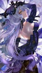 Rule 34 | 1girl, arm up, backless dress, backless outfit, bare back, bare shoulders, black gloves, black swan (honkai: star rail), breasts, commentary request, dress, elbow gloves, gloves, grin, highres, honkai: star rail, honkai (series), kippeijii, large breasts, long hair, looking at viewer, mole, mole on back, pantyhose, parted lips, purple dress, purple hair, smile, solo, thighs, veil, very long hair, yellow eyes