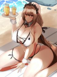 Rule 34 | 1girl, azur lane, bare shoulders, beach, beach towel, blush, breasts, brown hair, cleavage, closed mouth, core1013, cup, curvy, from above, hairband, hand on floor, highres, holding, holding tray, huge breasts, large breasts, long hair, looking at viewer, mole, mole under mouth, ocean, official alternate costume, on floor, one-piece swimsuit, pot, red eyes, royal navy emblem (azur lane), sand, shadow, sitting, smile, solo, spread legs, swiftsure (azur lane), swiftsure (midsummer special service) (azur lane), swimsuit, thighs, towel, tray, very long hair, white one-piece swimsuit