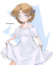 Rule 34 | 1girl, bare shoulders, black bow, blue eyes, blush, bow, braid, child, closed mouth, collarbone, commentary, cowboy shot, curtsey, dress, girls und panzer, hair bow, highres, looking at viewer, medium dress, namatyoco, nightgown, off-shoulder dress, off shoulder, one-hour drawing challenge, orange hair, orange pekoe (girls und panzer), puffy short sleeves, puffy sleeves, short hair, short sleeves, skirt hold, smile, solo, standing, twin braids, twitter username, white dress