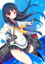 Rule 34 | 10s, 1girl, :p, asymmetrical legwear, black hair, black skirt, black socks, blue sky, blunt bangs, day, gloves, hecha (01964237), hime cut, isokaze (kancolle), kantai collection, kneehighs, long hair, long sleeves, looking at viewer, machinery, neckerchief, ocean, pleated skirt, red eyes, sailor collar, sidelocks, single kneehigh, single sock, single thighhigh, skirt, sky, socks, solo, thighhighs, tongue, tongue out, uneven legwear, white gloves, yellow neckerchief