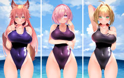 Rule 34 | 3girls, absurdres, ahoge, animal ear fluff, animal ears, bare shoulders, blonde hair, blush, breasts, cleavage, collarbone, competition swimsuit, covered navel, fate/extra, fate/grand order, fate (series), fox ears, fox girl, fox tail, green eyes, hair between eyes, hair intakes, hair over one eye, hair ribbon, highleg, highleg swimsuit, highres, large breasts, light purple hair, long hair, looking at viewer, mash kyrielight, multiple girls, nero claudius (fate), nero claudius (fate) (all), nero claudius (fate/extra), one-piece swimsuit, pink hair, purple eyes, purple one-piece swimsuit, red ribbon, ribbon, sabi1234, short hair, sidelocks, smile, swimsuit, tail, tamamo (fate), tamamo no mae (fate/extra), thighs, yellow eyes