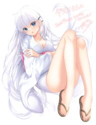 Rule 34 | 1girl, absurdres, amatsuji, bare legs, barefoot, blue eyes, blush, breasts, cleavage, collarbone, commentary request, commission, convenient leg, crossed arms, eyelashes, eyes visible through hair, feet, full body, hair between eyes, hair ornament, hair spread out, hairclip, head tilt, highres, japanese clothes, kimono, knees together feet apart, knees up, large breasts, legs, long hair, long legs, long sleeves, looking at viewer, naruse shiroha, open mouth, red sash, sandals, sash, signature, simple background, skeb commission, smile, solo, summer pockets, thighs, toenails, toes, translation request, very long hair, white background, white hair, white kimono, wide sleeves, zouri