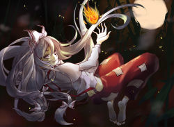 Rule 34 | 1girl, bamboo, bamboo forest, barefoot, bow, burning, butt crack, crop top, dress shirt, embers, fire, fire, forest, from behind, fujiwara no mokou, full moon, hair bow, hair ribbon, highres, long hair, long sleeves, looking at viewer, looking back, midriff, moon, nature, ofuda, open mouth, pants, red eyes, red pants, ribbon, shirt, smile, solo, sparks, suspenders, touhou, tress ribbon, very long hair, vivicat, white hair, white shirt