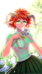Rule 34 | 1girl, :d, backlighting, baron of hell, bush, commentary, day, demon girl, doom (series), english commentary, eyelashes, flower, glasses, green eyes, green shirt, green skirt, hand on own chest, highres, holding, holding flower, horizontal pupils, horns, looking at viewer, looking over eyewear, nature, open mouth, outdoors, personification, pleated skirt, pointy ears, rectangular eyewear, red hair, shirt, short hair, short sleeves, simple background, skirt, smile, solo, substance20, tree, twitter username, watermark, web address, white background