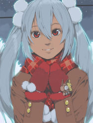 Rule 34 | 1girl, akinbo (hyouka fuyou), aqua hair, bad id, bad pixiv id, coat, gradient background, hair ornament, long hair, matoi (pso2), mittens, phantasy star, phantasy star online 2, red eyes, red mittens, scarf, smile, solo, twintails, upper body, winter clothes