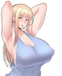Rule 34 | 1girl, armpits, arms behind head, arms up, artist name, bad id, bad twitter id, blonde hair, blue eyes, blush, breasts, cleavage, covered erect nipples, hair tie in mouth, halterneck, heavy breathing, huge breasts, long hair, looking at viewer, mouth hold, original, puffy nipples, see-through, sidelocks, simple background, solo, sueyuu, tying hair, upper body, white background