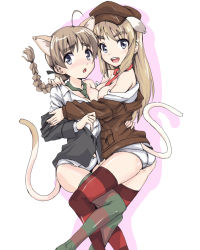 Rule 34 | 2girls, animal ears, blonde hair, blue eyes, blush, braid, breast press, breasts, cat ears, cat tail, dress shirt, gonzui (hojo), hat, highres, jacket, leather, leather jacket, lynette bishop, multiple girls, necktie, open mouth, panties, shirt, siblings, sisters, strike witches, strike witches: katayoku no majo-tachi, striped clothes, striped legwear, striped thighhighs, tail, thighhighs, underwear, white panties, wilma bishop, world witches series