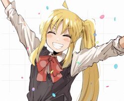 Rule 34 | 1girl, ^ ^, ahoge, arms up, blonde hair, blush, bocchi the rock!, bow, bowtie, closed eyes, collared shirt, confetti, detached ahoge, facing viewer, grey vest, grin, happy, ijichi nijika, long hair, long sleeves, open mouth, outstretched arms, red bow, red bowtie, shirt, shizune (sznxb), side ponytail, sidelocks, smile, solo, teeth, upper body, vest, white background, white shirt