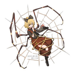 Rule 34 | 1girl, arthropod girl, arthropod limbs, black bow, black footwear, black shirt, blonde hair, boots, bow, brown dress, commentary request, dated, dress, grin, hair bow, hair bun, highres, insect girl, kurodani yamame, long sleeves, looking at viewer, red eyes, shirt, shishi osamu, silk, simple background, sleeveless, sleeveless dress, smile, solo, spider girl, spider web, touhou, twitter username, white background, wide sleeves
