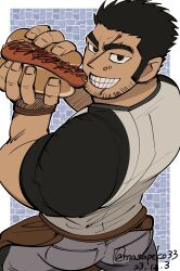 Rule 34 | 1boy, apron, ass, bara, barista, beard stubble, black hair, eating, food, food on face, foreshortening, from above, grin, highres, holding, holding food, huge eyebrows, ketchup, long sideburns, looking at viewer, lucas lee, male focus, masapeko, messy, muscular, muscular male, official alternate costume, pants, raised eyebrows, sausage, scott pilgrim takes off, shirt, short hair, short sleeves, sideburns, smile, solo, t-shirt, tight clothes, tight shirt, waist apron