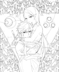 Rule 34 | 1boy, 1girl, closed mouth, commentary request, couple, dress, ear piercing, earrings, forehead, greyscale, hair between eyes, hetero, holding person, jewelry, lineart, link, long sleeves, looking at viewer, master sword, monochrome, necklace, nintendo, off-shoulder dress, off shoulder, over shoulder, parted bangs, piercing, pointy ears, princess zelda, serious, shirt, sidelocks, sleeveless, sleeveless dress, sword, sword behind back, sword over shoulder, the legend of zelda, the legend of zelda: breath of the wild, triforce, upper body, weapon, weapon on back, weapon over shoulder, werlosk