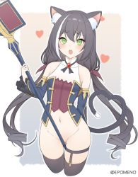 Rule 34 | 1girl, animal ear fluff, animal ears, bad id, bad pixiv id, black hair, black thighhighs, blush, bottomless, brooch, cat ears, cat girl, cat tail, detached sleeves, epomeno, gluteal fold, green eyes, hair between eyes, has bad revision, has cropped revision, heart, holding, holding staff, jewelry, karyl (princess connect!), long hair, looking at viewer, low twintails, md5 mismatch, multicolored hair, navel, no panties, no pants, open mouth, princess connect!, resolution mismatch, solo, source smaller, staff, streaked hair, tail, teeth, thighhighs, thighs, twintails, upper teeth only, very long hair, white hair
