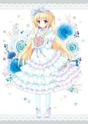 Rule 34 | 1girl, arm garter, blonde hair, blue bow, blue eyes, blue pantyhose, blue ribbon, blush, border, bouquet, bow, closed mouth, commentary request, dress, floral background, flower, frilled dress, frills, green dress, hair between eyes, hair bow, hair flower, hair ornament, hairband, hasekura chiaki, holding, holding bouquet, juliet sleeves, lace, lace border, lolita fashion, lolita hairband, long hair, long sleeves, looking at viewer, original, ornate border, pantyhose, pigeon-toed, puffy sleeves, ribbon, shoes, smile, solo, standing, very long hair, white background, white footwear