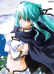 Rule 34 | 1girl, aqua hair, blue hair, breasts, cape, covered erect nipples, dated, large breasts, midriff, noto (soranoto), original, red eyes, solo, tight clothes, twintails