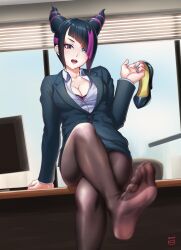 Rule 34 | 1girl, black pantyhose, blazer, blush, breasts, business suit, cleavage, crossed legs, desk, feet, finalcake, formal, han juri, heterochromia, highres, jacket, medium breasts, monitor, office, office lady, on desk, open mouth, pantyhose, sitting, on desk, skirt, soles, solo, street fighter, suit, thighs, toes