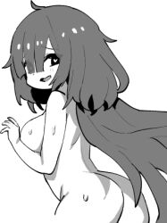 Rule 34 | 1girl, ass, azur lane, azur lane: slow ahead, breasts, chibi, completely nude, from behind, greyscale, heart, heart-shaped pupils, hori (hori no su), large breasts, long hair, looking at viewer, looking back, lowres, mogador (azur lane), monochrome, nude, official art, solo, sweat, symbol-shaped pupils, very long hair