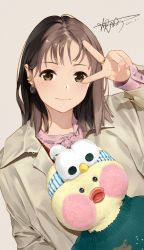 Rule 34 | 1girl, brown eyes, brown hair, closed mouth, dated, hand up, highres, holding, holding stuffed toy, jewelry, long sleeves, looking at viewer, original, ring, signature, solo, stuffed animal, stuffed duck, stuffed toy, v, v over eye, yijian ma