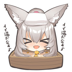 Rule 34 | 1girl, animal ear fluff, animal ears, bath, bathing, big head, chibi, commentary request, facing viewer, food, fox ears, grey hair, hair between eyes, highres, holding, holding food, original, partially submerged, ponytail, sidelocks, simple background, solo, translation request, water, white background, yuuji (yukimimi)