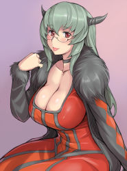 Rule 34 | 1girl, :p, aged up, arm support, bespectacled, blush, breasts, choker, cleavage, cosplay, demon girl, dress, fur trim, glasses, horns, large breasts, long hair, looking at viewer, maou (maoyuu), maou (maoyuu) (cosplay), maoyuu maou yuusha, red eyes, rozen maiden, silver hair, simple background, sitting, solo, suigintou, tongue, tongue out, tsuda nanafushi