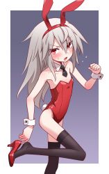 Rule 34 | 1girl, absurdres, adjusting footwear, animal ears, bare shoulders, black necktie, black thighhighs, blush, clenched hand, collarbone, detached collar, elena trafalgar, fake animal ears, fake tail, flat chest, flying sweatdrops, grey hair, hairband, high heels, highres, ikune juugo, leg up, leotard, long hair, looking at viewer, necktie, original, paid reward available, playboy bunny, rabbit ears, rabbit tail, rectangle, red eyes, red footwear, red hairband, red leotard, short necktie, simple background, solo, strapless, strapless leotard, sweatdrop, tail, thighhighs, tsurime, two-tone background, v-shaped eyebrows, wrist cuffs