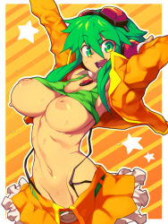Rule 34 | 1girl, :d, arm up, bad id, bad pixiv id, breasts, breasts out, brooch, clothes lift, cowboy shot, goggles, goggles on head, green eyes, green hair, gumi, inverted nipples, jewelry, large breasts, looking at viewer, matching hair/eyes, gumi (v3 megpoid), metata, navel, nipples, no bra, open mouth, red-tinted eyewear, shirt lift, short hair with long locks, skirt, smile, solo, star (symbol), sweat, tank top, tinted eyewear, vocaloid