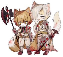 Rule 34 | 1boy, 1girl, :&lt;, ahoge, animal ears, armored boots, ascot, axe, battle axe, belt, black ascot, blonde hair, blood, blood in hair, blood on clothes, blood on face, bloody weapon, boots, brown belt, cape, cat boy, cat ears, cat girl, cat tail, chibi, closed mouth, commentary request, fang, gauntlets, gloves, grey gloves, grey hair, hair over one eye, highres, holding, holding axe, holding nail, holding weapon, kemonomimi mode, kromer (project moon), limbus company, long sleeves, migishita, multicolored hair, nail, open mouth, oversized object, pants, project moon, sanpaku, shirt, short hair, simple background, sinclair (project moon), single gauntlet, sketch, smile, tail, wax seal, weapon, white background, white cape, white pants, white shirt, yellow belt, yellow eyes