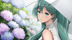 Rule 34 | 1girl, absurdres, after rain, aqua eyes, aqua hair, bare shoulders, blue flower, closed mouth, commentary request, day, earrings, eyelashes, flower, hair between eyes, hair ornament, hairpin, hatsune miku, highres, hydrangea, jewelry, leaf, light blush, long hair, looking at viewer, ma 0 4, outdoors, purple flower, shirt, sleeveless, sleeveless shirt, smile, solo, stud earrings, twintails, umbrella, vocaloid, water drop, white shirt, white umbrella