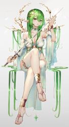 Rule 34 | 1girl, anklet, barefoot, bracelet, breasts, chain, choker, cleavage, dress, elf, feet, green eyes, green hair, highres, holding, holding sword, holding weapon, jewelry, long hair, mole, mole under mouth, nail polish, natsuiro xx, necklace, original, pointy ears, rapier, sitting, solo, solo focus, sword, toe ring, toes, weapon, white choker, white dress