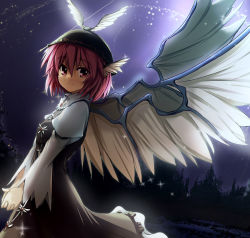 Rule 34 | 1girl, animal ears, dot r, dress, female focus, own hands clasped, hat, large wings, light smile, mystia lorelei, night, night sky, own hands together, pink eyes, pink hair, short hair, sideways, sky, smile, solo, star (sky), touhou, v arms, winged hat, wings