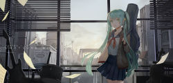 Rule 34 | 1girl, aqua eyes, aqua hair, black ribbon, window blinds, blue skirt, blue sky, brown coat, building, character name, cloud, coat, commentary request, commission, day, drum, echosdoodle, fur-trimmed coat, fur trim, guitar, guitar case, hair ornament, hair ribbon, hatsune miku, holding, indoors, instrument, instrument case, long hair, long sleeves, neckerchief, open clothes, open coat, pleated skirt, pocket, red neckerchief, ribbon, road, school uniform, serafuku, sheet music, shirt, skirt, sky, solo, standing, star (symbol), star hair ornament, twintails, very long hair, vocaloid, white shirt, window