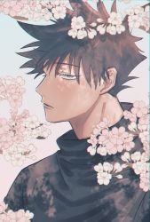 Rule 34 | 1boy, black hair, black jacket, cherry blossoms, commentary, expressionless, fushiguro megumi, fushirun rung, hair between eyes, half-closed eyes, highres, jacket, jujutsu kaisen, long sleeves, looking at viewer, male focus, parted lips, portrait, profile, school uniform, short hair, solo, spiked hair, symbol-only commentary