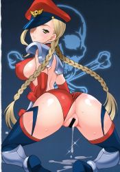 Rule 34 | 1girl, absurdres, alternate costume, ass, blonde hair, blush, boots, braid, breasts, cammy white, capcom, censored, clothing aside, cosplay, covered erect nipples, elbow gloves, female focus, from behind, gloves, green eyes, hat, highres, kneeling, large breasts, leotard, leotard aside, looking back, m. bison, m bison (cosplay), panties, panties aside, pussy, pussy juice, red leotard, sideboob, solo, street fighter, thighhighs, twin braids, underwear, wet, yukiyanagi