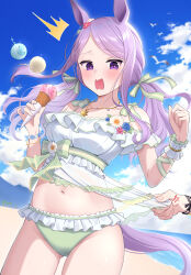 Rule 34 | 1girl, absurdres, animal ears, beach, blue sky, breasts, cloud, cloudy sky, commentary request, cowboy shot, day, dress, ear ornament, food, highres, horse ears, horse girl, horse tail, ice cream, ice cream cone, jewelry, long hair, looking at viewer, medium breasts, mejiro mcqueen (ripple fairlady) (umamusume), mejiro mcqueen (umamusume), navel, necklace, ocean, official alternate costume, open mouth, outdoors, purple eyes, purple hair, sayosayo-0, scrunchie, seashell bracelet, see-through, sky, solo focus, surprised, tail, umamusume, water, white dress, wrist scrunchie