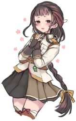 Rule 34 | 1girl, 2girls, black hair, blush, braid, brown eyes, brown hair, cropped legs, fairy (kancolle), fingerless gloves, gloves, hair ribbon, hands on own chest, kantai collection, long hair, long sleeves, looking at viewer, multicolored hair, multiple girls, open mouth, own hands together, pleated skirt, red hair, ribbon, simple background, single braid, skirt, solo, terrajin, thighhighs, white background, white ribbon, yamashio maru (kancolle), yellow ribbon