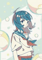 Rule 34 | 1girl, ahoge, aqua background, blue eyes, blue hair, blue necktie, blue sailor collar, blue skirt, bubble, colored inner hair, commentary, empty eyes, frown, highres, limited palette, looking at viewer, midriff, multicolored hair, neckerchief, necktie, original, pleated skirt, red hair, red neckerchief, red sailor collar, red skirt, sailor collar, school uniform, serafuku, shirt, short hair, signature, skirt, streaked hair, tenteko mai51, two-tone hair, two-tone neckerchief, two-tone skirt, upper body, white background, wind, wind lift, yellow shirt