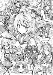 Rule 34 | 6+girls, :&gt;, absurdres, ahoge, arm up, arms up, asymmetrical hair, book, breasts, closed eyes, closed mouth, diving mask, diving mask on head, everyone, flower, glasses, gloves, goggles, goggles on head, greyscale, hair between eyes, hair flower, hair ornament, hair ribbon, hairband, hat, headgear, highres, holding, i-13 (kancolle), i-14 (kancolle), i-168 (kancolle), i-19 (kancolle), i-203 (kancolle), i-26 (kancolle), i-400 (kancolle), i-401 (kancolle), i-47 (kancolle), i-58 (kancolle), i-8 (kancolle), innertube, kantai collection, lineart, long hair, luigi torelli (kancolle), maru-yu (kancolle), monochrome, multiple girls, name tag, one-piece swimsuit, one eye closed, open mouth, pen (medium), ponytail, ribbon, ro-500 (kancolle), sailor collar, school swimsuit, short hair, sleeveless, smile, swim ring, swimsuit, swimsuit under clothes, torpedo, traditional media, tress ribbon, tsuji kazuho, two side up, u-511 (kancolle), v