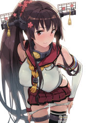 Rule 34 | 10s, 1girl, bare shoulders, black thighhighs, blush, breasts, brown eyes, ddal, detached sleeves, female focus, flower, from above, hair flower, hair ornament, headgear, highres, kantai collection, large breasts, long hair, looking at viewer, miniskirt, nail polish, panties, panty pull, pleated skirt, ponytail, school uniform, serafuku, sidelocks, simple background, single thighhigh, skirt, solo, sweat, thighhighs, underwear, undressing, very long hair, white background, white thighhighs, yamato (kancolle)