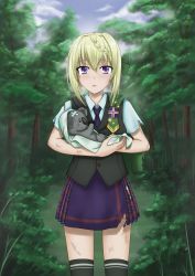 Rule 34 | 1girl, 1other, badge, blonde hair, blouse, blue necktie, blue skirt, blue sky, braid, braided bangs, braided bun, cape, cloud, commentary, cowboy shot, day, dress shirt, english commentary, forest, green cape, green thighhighs, green vest, hair bun, highres, kantai collection, koala, looking at viewer, nature, necktie, outdoors, perth (kancolle), plaid, plaid skirt, pleated skirt, purple eyes, school uniform, shirt, short hair, short sleeves, skirt, sky, solo, thighhighs, torn clothes, vest, white shirt, zuikillme