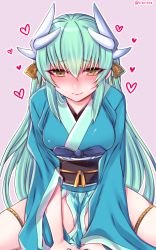 Rule 34 | 1girl, aqua hair, bad id, bad pixiv id, blush, breasts, fate/grand order, fate (series), full-face blush, heart, highres, horns, japanese clothes, kimono, kiyohime (fate), large breasts, long hair, long sleeves, looking at viewer, medium breasts, shisei (kyuushoku banchou), simple background, smile, solo, thighhighs, twitter username, white thighhighs, yellow eyes
