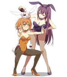 Rule 34 | 2girls, absurdres, ahoge, alcohol, animal ears, balancing, bare shoulders, blush, bottle, breasts, cleavage, clenched teeth, cup, detached collar, drinking glass, fake animal ears, fate/grand order, fate (series), fishnet legwear, fishnets, fujimaru ritsuka (female), high heels, highres, large breasts, leotard, long hair, medium breasts, multiple girls, official alternate costume, one side up, orange eyes, orange hair, orange leotard, outstretched arms, pantyhose, playboy bunny, pouring, purple hair, purple leotard, rabbit ears, rabbit tail, red eyes, scathach (fate), scathach (piercing bunny) (fate), shimouki izui, simple background, squatting, strapless, strapless leotard, tail, teeth, trembling, white background, wine, wine bottle, wine glass, wrist cuffs