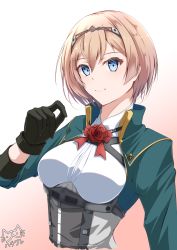 Rule 34 | 1girl, black gloves, blonde hair, blue eyes, breasts, cropped jacket, dress shirt, flower, gloves, hachiware (8ware63), highres, kantai collection, medium breasts, military, military uniform, official alternate hair length, official alternate hairstyle, red flower, red rose, rose, shirt, short hair, solo, tiara, uniform, upper body, victorious (kancolle), white shirt