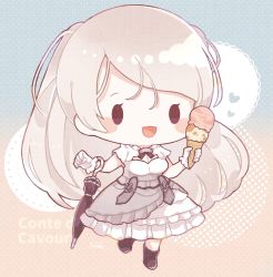 Rule 34 | 1girl, black footwear, boots, breasts, character name, chibi, cleavage, closed umbrella, conte di cavour (kancolle), dress, food, frilled dress, frills, full body, gloves, grey hair, highres, holding, holding food, holding umbrella, ice cream, ice cream cone, kantai collection, long hair, medium breasts, nada namie, open mouth, short sleeves, signature, simple background, solo, umbrella, very long hair, white gloves