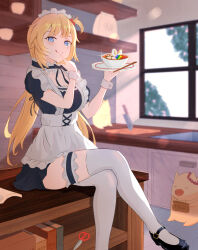 Rule 34 | 1girl, absurdres, akai haato, alternate costume, apron, black dress, black footwear, blonde hair, blue eyes, blush, book, breasts, chopsticks, closed mouth, collar, commentary, crossed legs, dress, enmaided, finger to mouth, foot out of frame, frilled apron, frilled collar, frills, garter straps, hair ornament, hands up, heart, heart hair ornament, highres, holding, holding plate, hololive, indoors, kitchen knife, licking lips, long hair, looking at viewer, maid, maid headdress, medium breasts, one side up, plate, scissors, sitting, smile, solo, thighhighs, tongue, tongue out, translation request, twintails, virtual youtuber, wesly2300, white apron, white thighhighs, window, wrist cuffs