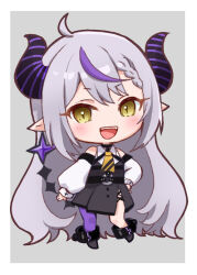 Rule 34 | 1girl, :d, ahoge, ankle cuffs, black dress, black footwear, black horns, blush, braid, braided bangs, chibi, clothing cutout, commentary, cross-laced slit, demon girl, demon horns, double-parted bangs, dress, fangs, full body, grey background, grey hair, hand on own hip, hololive, horns, la+ darknesss, la+ darknesss (1st costume), long hair, long sleeves, looking at viewer, multicolored hair, nanaka nagomi, neckerchief, open mouth, pantyhose, pointy ears, puffy long sleeves, puffy sleeves, purple hair, purple pantyhose, shirt, short dress, shoulder cutout, side slit, simple background, single leg pantyhose, slit pupils, smile, solo, streaked hair, striped horns, tail, thick outlines, very long hair, virtual youtuber, white shirt, yellow eyes, yellow neckerchief