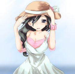 Rule 34 | 10s, 1girl, alternate hairstyle, bare shoulders, black eyes, black hair, blue background, brown hat, casual, commentary, dress, eyes visible through hair, flower, girls und panzer, gradient background, hair flower, hair ornament, hair over shoulder, hands on headwear, hat, hat flower, hat ribbon, highres, isuzu hana, light smile, long hair, looking at viewer, off shoulder, omikuji (6954), open mouth, pink flower, pink rose, pink shirt, ribbon, rose, shirt, short sleeves, solo, standing, sun hat, upper body, white dress, white ribbon, wristband