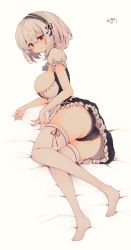 Rule 34 | 1girl, anchor, ass, azur lane, black panties, blush, breasts, dress, frilled dress, frills, full body, hair between eyes, hairband, highres, lace-trimmed hairband, lace trim, large breasts, lying, muuran, on bed, on side, panties, puffy sleeves, red eyes, ribbon, short hair, short sleeves, sidelocks, sirius (azur lane), solo, thighhighs, underwear, wavy mouth, white hair, white thighhighs